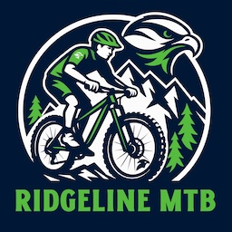 illustrated Ridgeline MTB logo blue with a mountain range background and a riverhawk bird in the foreground